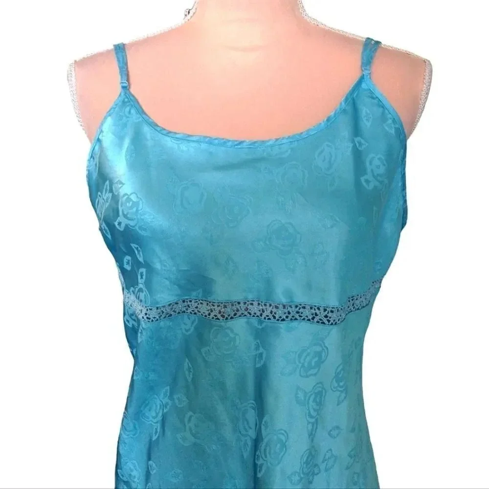 VTG 80s Teal Satin Floral Embroidered Detail Mini Slip Dress Chemise‎ XL Festie - Picture 3 of 14